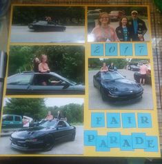 a collage of photos with cars and people in the background that says fair parade