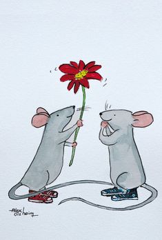 two mice holding a red flower in their hands, one is biting the other's tail