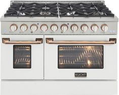 two ovens side by side with the doors open and lights on each burners