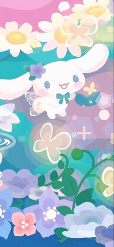 a painting of a bunny flying through the air with flowers in front of it and an animal on its back