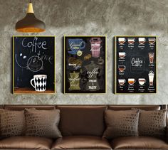 three framed coffee menus on the wall above a brown leather couch in a living room