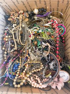 This is a lot of broken salvaged junk jewelry. Of course everybody has a different definition of junk. This is best  for crafting or repurposing. I  used to sell jewelry and now I have moved on to clothing so I am getting rid of many boxes from my stash! This has not been sorted through and you could definitely find some treasures in here!! The styles range from vintage to modern. You will find broken pieces in here and you will also find some wearable pieces.  You can also expect to find tangled and tarnished jewelry in these boxes. That is Half the fun of the treasure hunt ! You never know what's in the center of the knot until you get there !  You can find the following in these boxes : Brooches  Necklaces  Bracelets  Pendants  Rings Watches  Loose beads / gems  These boxes are sold as- Used Broken Jewelry For Crafts For Sale, Thrifting Clothes, Thrift Shop Finds, Sell Jewelry, Goodwill Finds, Vintage Slip Dress, Junk Jewelry, Broken Pieces, Vintage Jewelry Crafts