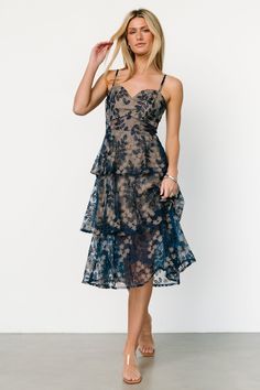 Georgiana Embroidered Midi Dress | Navy - Baltic Born Navy Blue Floral Dress, Destination Dress, Corset Midi Dress, Baltic Born, Wedding Dresses With Flowers, Fall Winter Dresses, Embroidered Midi Dress, Mob Dresses, Blue Tulle