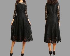 * A crew neck lace dress with 3/4 sleeves.  * A line shape and knee length.  * Materials: 50% cotton, 50% polyster Shop sizing chart FYI ( actual body figures, not laying flat clothes measurements) Size XXS (US 0, UK 2, German 30, French 32) Bust: fits bust around 31.5 inches/80cm Waist: fits waist around 25 inches/63cm Hips: fits hips around 35 inches/89cm Size XS (US 2, UK 6, German 32, French 34) Bust: fits bust around 33.5 inches/85cm Waist: fits waist around 26 inches/66cm Hips: fits hips around 36 inches/91cm Size S (US 6, UK 10, German 36, French 38) Bust: fits bust around 35.5 inches/90cm Waist: fits waist around 28 inches/71cm Hips: fits hips around 38 inches/97cm Size M ( US 10, UK 14, German 40, French 42) Bust: fits bust around 37.5 inches/95cm Waist: fits waist around 30 inche Fall Party Midi Dress With Half Sleeves, Fall A-line Lace Party Dress, Knee-length Lace Dress For Fall Formal Events, Knee-length Lace Midi Dress For Fall, Lace Knee-length Midi Dress For Fall, Lace Midi Dress For Fall, Black Midi Dress With 3/4 Sleeves For Party, Fall Knee-length Lace Dress, Knee-length Midi Dress With Lace Sleeves For Cocktail