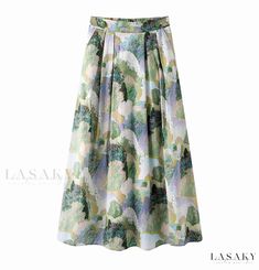 Lasaky - Elastic-Waist Oil Painting Pleated Maxi Skirt with Unique Calligraphy Design High Waist Long Skirt, Umbrella Skirt, High Rise Skirt, Umbrella Designs, Pleated Maxi Skirt, Crop Top Dress, Long Skirts For Women, Printed Midi Skirt, Pleated Maxi