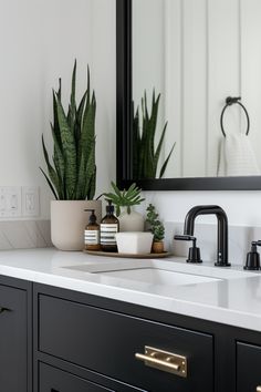 a bathroom sink with a mirror above it and two plants on the counter next to it