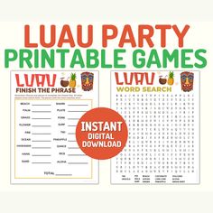 two luau party printable games with words and pictures