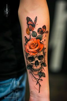 a skull and roses tattoo on the arm