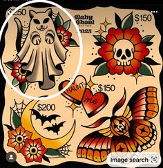 an old school tattoo flash sheet with skulls, flowers and cats on it's back