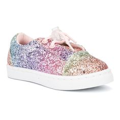 Her style will shine with these Olivia Miller Rainbow Glitter toddler girls' shoes.Click this FOOTWEAR GUIDE to find the perfect fit and more! Her style will shine with these Olivia Miller Rainbow Glitter toddler girls' shoes. Click this FOOTWEAR GUIDE to find the perfect fit and more! SHOE FEATURES Rainbow glitter design Toggle closure for easy on and offSHOE CONSTRUCTION Nylon upper Polyurethane lining Rubber outsoleSHOE DETAILS Plain toe Toggle closure Padded footbed Spot clean Imported Size: Glittery Shoes, Olivia Miller, Athletic Girls, Toddler Girl Shoes, Glitter Design, Girl Closet, Glitter Sneakers, Tie Shoelaces, Rainbow Glitter