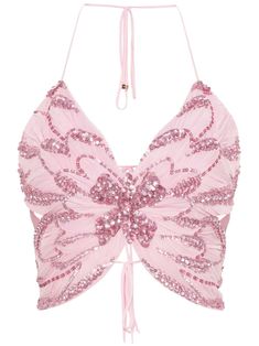 light pink butterfly-shaped design V-neck spaghetti straps sequin embellishment open back full lining geometric hem rear tie fastening Butterfly Top, Versace Outfit, Jonathan Adler, Demi Fine Jewelry, Pink Butterfly, Tank Top Designs, Lady Dior, Accessories Branding, David Yurman