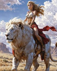 a woman riding on the back of a white lion in an open desert area with mountains behind her