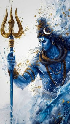 a painting of a man holding a blue and gold staff