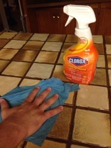 a hand is holding a cloth and bottle of clorox on the kitchen floor