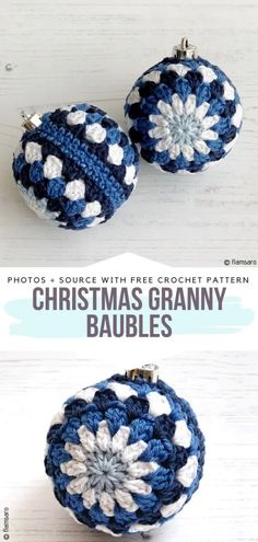 crocheted christmas ornament with white and blue flowers is shown in three different views