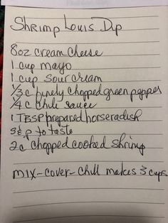 a handwritten recipe for shrimp lous dip