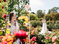 a woman in a white dress is standing among flowers and roses at the same time