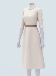 a female mannequin wearing a white dress and brown belted shoes, standing in front of a light blue background