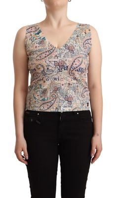 John Galliano Multicolor Cotton V-Neck Sleeveless Tank Women's Top V Neck Tank Top, John Galliano, Knitted Tank Top, High End Fashion, Sleeveless Tank Top, Knit Tanks, Sleeveless Tank, Paisley Print, Casual Chic