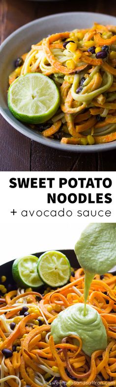 sweet potato noodle salad with avocado sauce in a bowl and on a plate