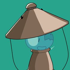 a cartoon lamp with a blue face and brown shade on it's head, sitting in front of a green background