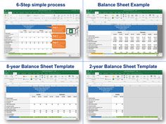 four screens showing how to use balance sheet templates in excel and powerpoint presentations