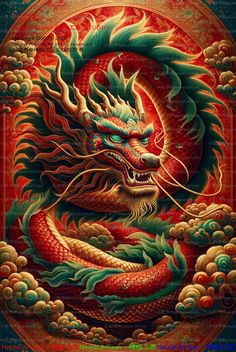 a painting of a dragon with green and red colors