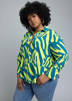 Style#2106LZA Embrace boldness in the Kwamena Women's African Print Button-Up in the dynamic Lime Zebra Abstract print. This breezy, non-stretch top is designed for those who love to stand out. Versatile and vibrant, this shirt is an essential piece to jazz up your summer style. Shop the matching items. *Disclaimer* Please refer to the fabric image for the true color of this product. Features: Long cuff with buttons on sleeve Rounded hem Vents at sides 100% Rayon for a light-weight breezy feel D Zebra Abstract, Modern African Clothing, African Print Clothing, Stretch Top, Workout Accessories, Mode Fashion, African Clothing, Matching Items, African Print