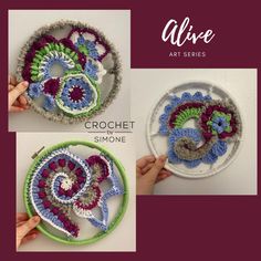 crochet dishcloths are being displayed in three different pictures with the same design