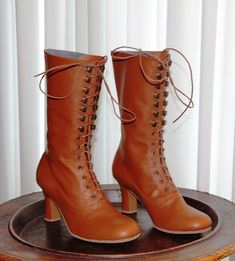 "Request a Custom Order and have something made just for you! This is an individual boot execution for wide feet , strong calf and also for narrow feet. Beautiful Victorian High Heel Boots inspired from 1900 boot style. Best Italian leather in Burnt Orange Lined with Suede leather Are issued by limited series. height of the heel 2.6\" inch/ 7 cm length of the boot from the bottom of the sole (at the heel) to the top 10 inch / 25,5 cm To order, please follow the steps as show in the last 2 pictur Vintage Lace-up Cap Toe Boots With Leather Sole, Vintage Lace-up Boots With Cap Toe And Leather Sole, Victorian Style Round Toe Boots For Fall, Victorian Round Toe Boots For Fall, Victorian Boots With Leather Sole For Fall, Vintage Heeled Boots With Leather Sole For Fall, Vintage Brown High Ankle Heeled Boots, Vintage Brown Lace-up Heeled Boots, Victorian Boots With Leather Sole And Round Toe