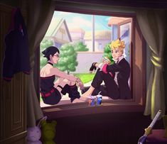 two anime characters sitting on a window sill