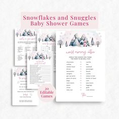 the snowflakes and snuggles baby shower game is shown on top of a white background