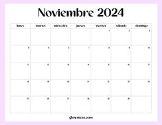 a november calendar with the holidays in spanish and english, on a pink square background