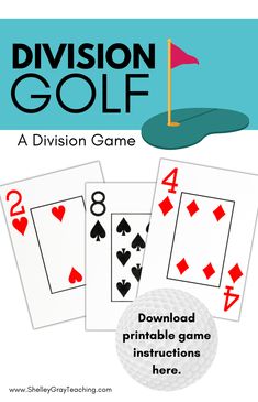 the division golf card game with four playing cards and one player's hand holding a golf ball