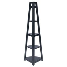 a tall black shelf with three shelves on each side and an open end section in the middle