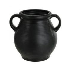 a black vase is shown on a white background