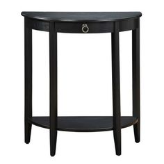 a black table with an oval shelf on top