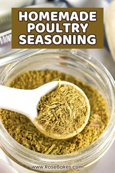 homemade poultry seasoning in a small glass jar with a measuring spoon Homemade Poultry Seasoning Recipe, Poultry Seasoning Recipe, Turkey Gravy From Drippings, Pie Spice Recipe, Homemade Seasoning, Poultry Dishes, Homemade Mixes, Seasoning Recipe, Impressive Recipes