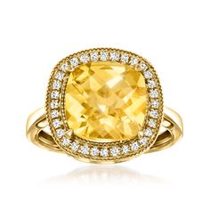 Ross-Simons - 3.00ct Citrine, .15ct t. w. Diamond Ring in 14kt Yellow Gold. Size 5. With gemstones aglow for all to admire, this gorgeous ring will put you directly into the center of attention at any event you attend. Features a 3.00 carat citrine centerpiece emitting a sunny yellow hue, illuminated further by a sparkling .15 ct. t. w. round diamond halo. Crafted in 14kt yellow gold. 5/8" wide. Diamond and citrine ring. Citrine birthstones are the perfect gift for November birthdays. Jewelry Presentation, Citrine Birthstone, Round Diamond Halo, Gold Sign, Boot Jewelry, Sunny Yellow, Citrine Ring, Ring Pictures, Citrine Stone