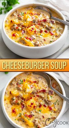 two bowls filled with cheeseburger soup on top of a white plate next to a spoon