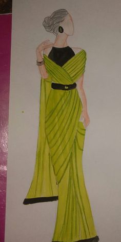 a drawing of a woman in a green dress