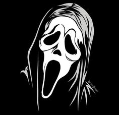 a black and white image of a person wearing a ghost mask with its mouth open