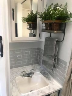 a bathroom sink sitting under a mirror next to a towel rack with plants on it