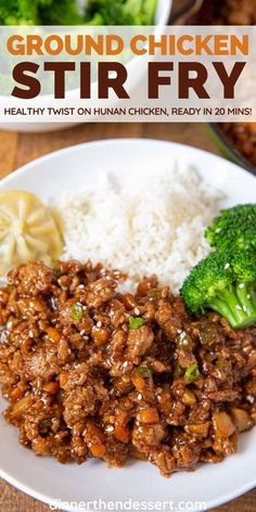 ground chicken stir fry on a plate with rice and broccoli