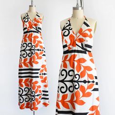 Fantastic vintage 1970s maxi dress by Baba Kea Honolulu. White cotton with a vibrant orange and black print. Halter neckline that ties in the back. Open back with a zipper and hook closure down the skirt. Empire waist. Long flowing skirt with 22.5" slits on each side. Unlined. DETAILS & MEASUREMENTS: Brand Name: Baba Kea Honolulu Material: cotton Estimated Size: marked a vintage 5/6, best fits a modern xs Shoulders: n/a Bust: 32" Waist: 26" Hips: 36" Sleeve Length: n/a Length: 51.5" but could go up or down due to neck ties CONDITION: Excellent vintage condition. There is some slight pilling to the fabric and very minor seam stressing on the right side near the slit. There are also some dark marks on the white which is most likely from the print when the dress was made. Please see photos. R Halter Dress Vintage, Hawaiian Halter Dress, Long Flowing Skirts, Vintage Halter Dress, Flowing Skirt, Vibrant Orange, Halter Neckline, Dress Vintage, Honolulu