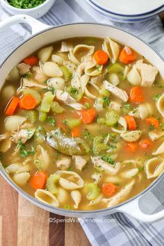 chicken noodle soup with carrots and celery in a pot