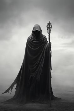 a person in a hooded cloak holding a sceptacle on a foggy day