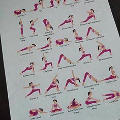 a woman doing yoga poses on a sheet of paper with instructions for the positions to do