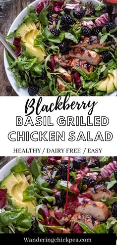 a salad with chicken, blackberries and avocado in it