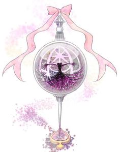 a drawing of a wine glass with a pink bow on it's head and an image of a tree inside